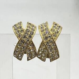 Vintage Estate Rhinestone Encrusted Pave Gold Tone X Shaped Clip On Earrings